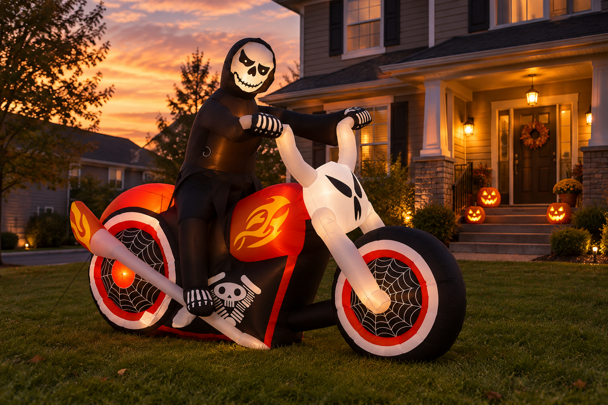 Grim Reaper Motorcycle Halloween Inflatable with LED Lights (6 ft)